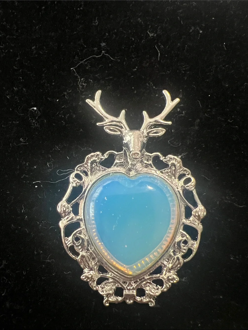 Heart Opal Glass Pendant Necklace in Blue with Deer Motif